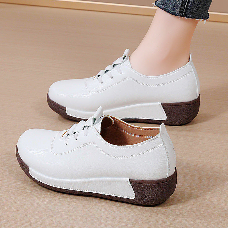 Large Size Sports Shoes for Women, Korean Version Thick Sole Rocking Shoes for Women, Genuine Leather Slip-On Wedge Heel Casual Mother Shoes