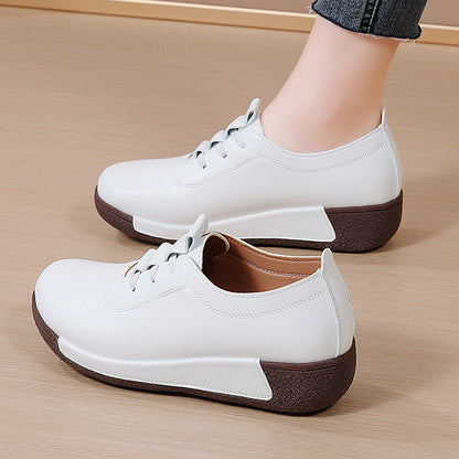 Large Size Sports Shoes for Women, Korean Version Thick Sole Rocking Shoes for Women, Genuine Leather Slip-On Wedge Heel Casual Mother Shoes