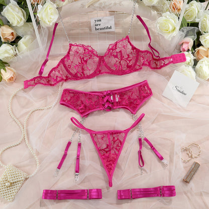 Lace Embroidery Chain Suspenders Hollow Cross Sexy Lingerie Four-Piece Set