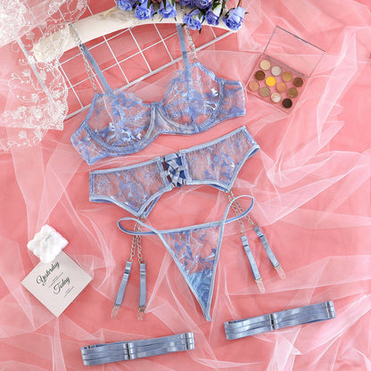 Lace Embroidery Chain Suspenders Hollow Cross Sexy Lingerie Four-Piece Set